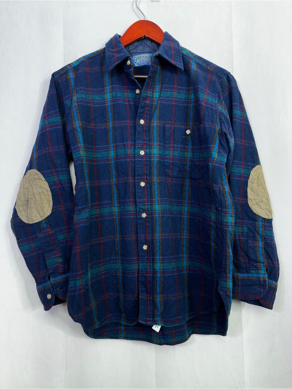 Pendleton Wool Plaid Button Up Long Sleeve Mens Elbow Patches Hunter 70s Blue